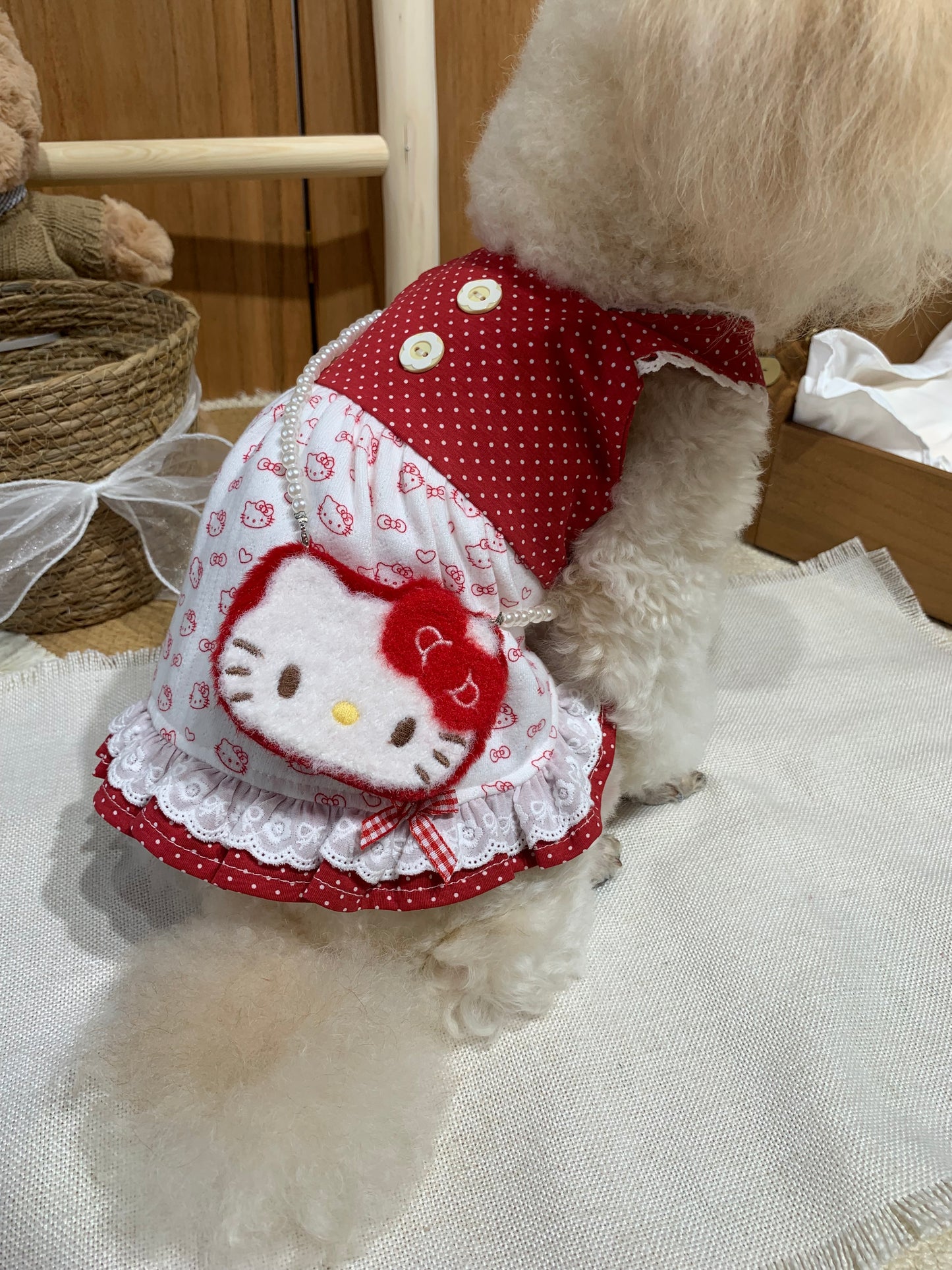 F025-Cute Hello Kitty Dress Red and White for Small Dog with Polka Dot Pattern and Lace Trim