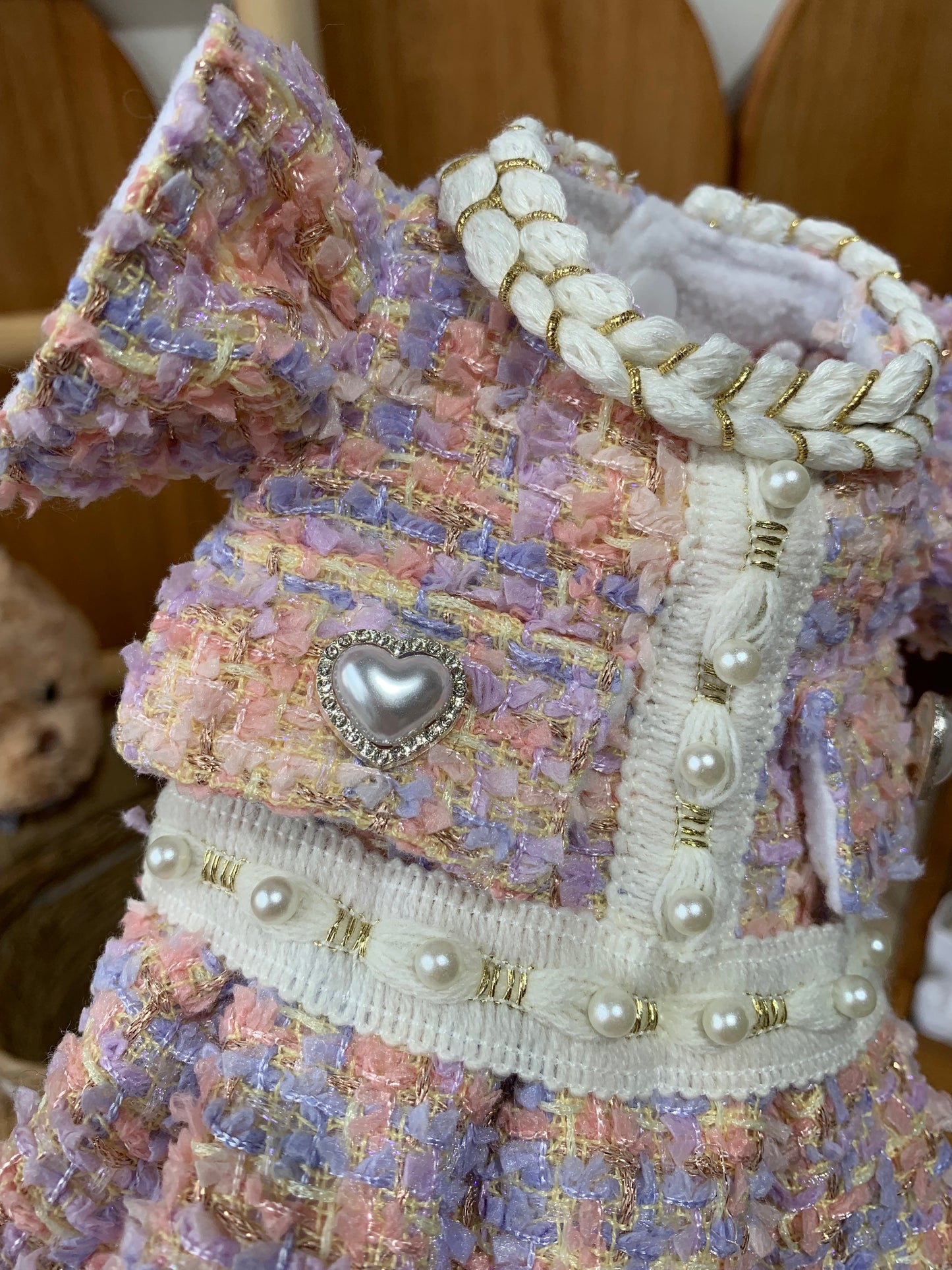 F026-Pink Purple Tweed Fabric Fleece Lined Dress for Small Dogs Comfy Maltese Poodle Warm Winter Puppy Outfit