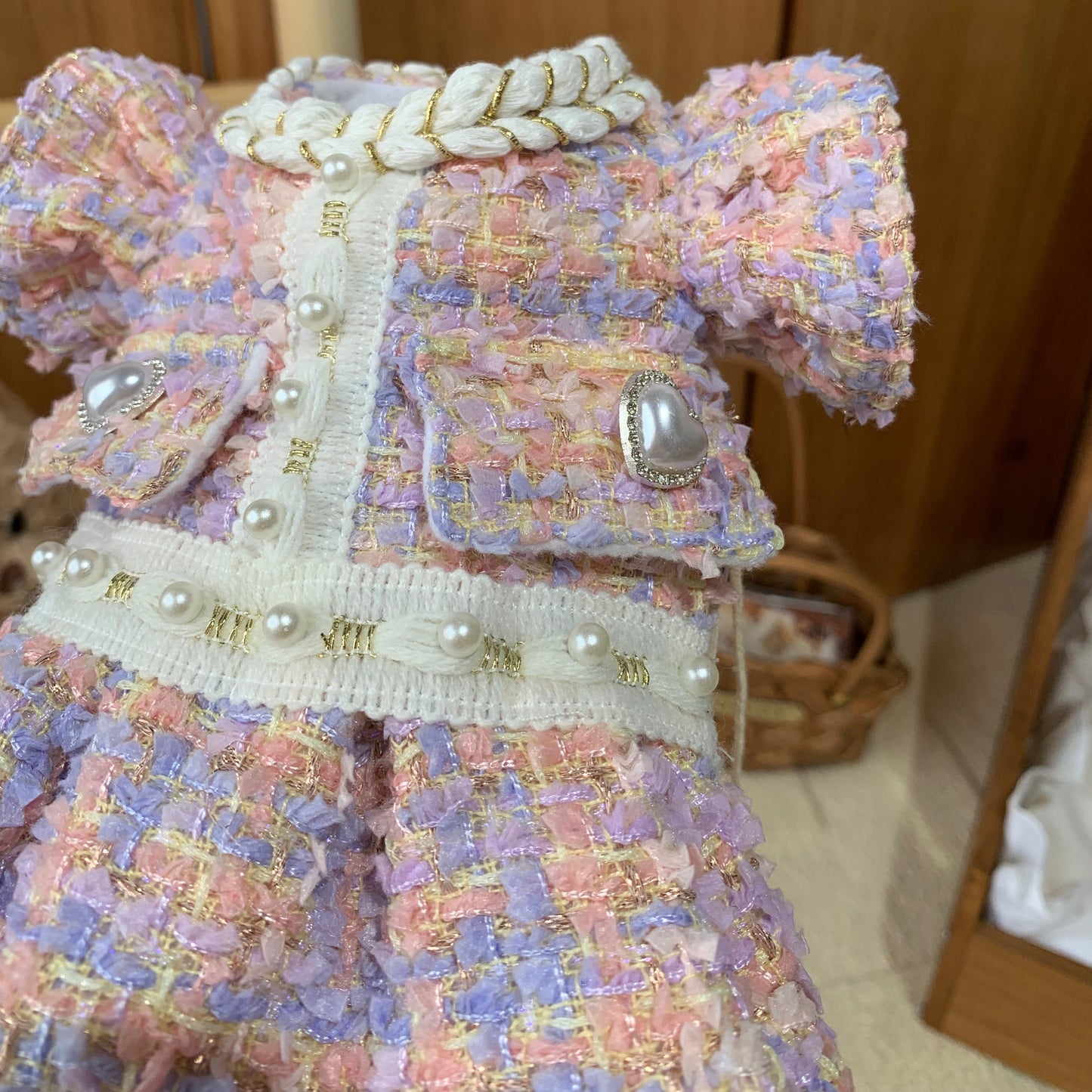 F026-Pink Purple Tweed Fabric Fleece Lined Dress for Small Dogs Comfy Maltese Poodle Warm Winter Puppy Outfit