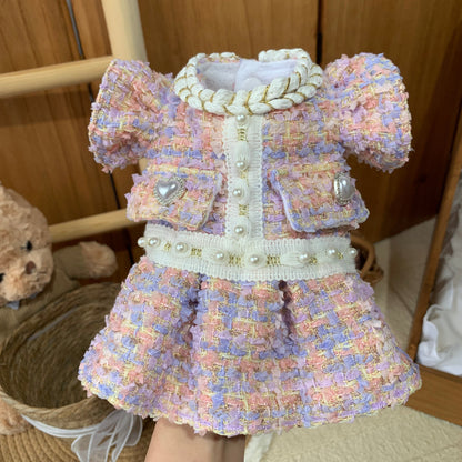 F026-Pink Purple Tweed Fabric Fleece Lined Dress for Small Dogs Comfy Maltese Poodle Warm Winter Puppy Outfit