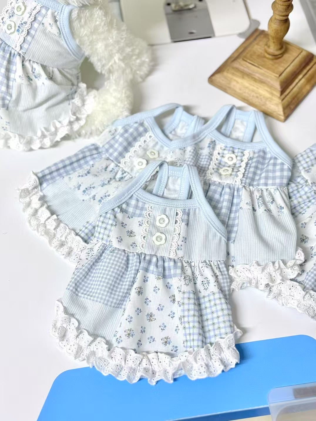 Blue Gingham Pattern & Floral Print Shirt for Dogs & Cats Summer Wear with Lace Trim and Button Detailing