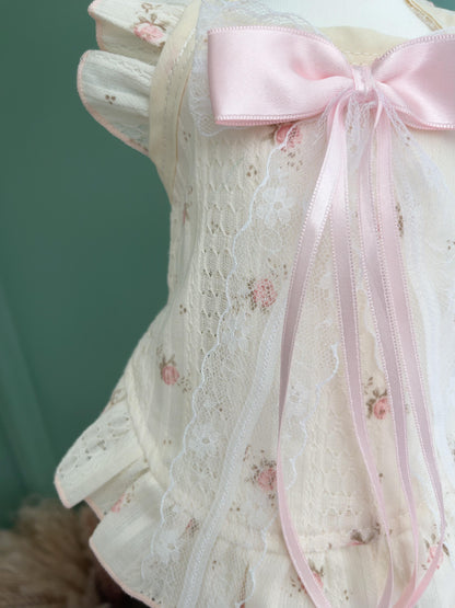 F009-Vintage Lace Floral Dog Dress with Pink Satin Bow Elegant Ruffle Skirt Outfit for Small Pets
