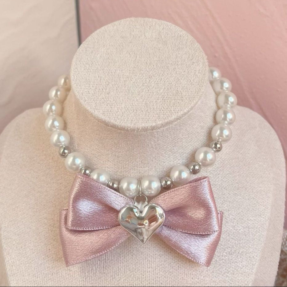 Dog Necklace with Pink Bow - Pearl Beads and Heart Charm Accessory for Dogs