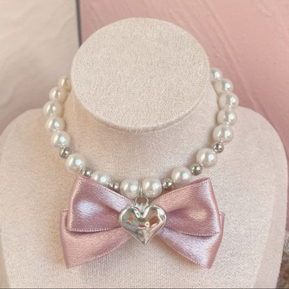 A001-Dog Necklace with Pink Bow - Pearl Beads and Heart Charm Accessory for Dogs