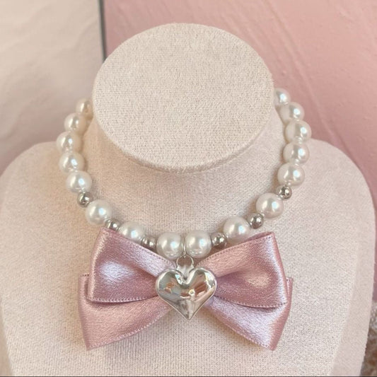 Dog Necklace with Pink Bow - Pearl Beads and Heart Charm Accessory for Dogs