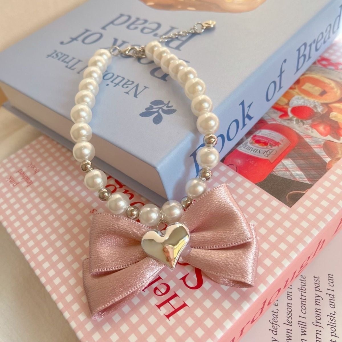 Dog Necklace with Pink Bow - Pearl Beads and Heart Charm Accessory for Dogs