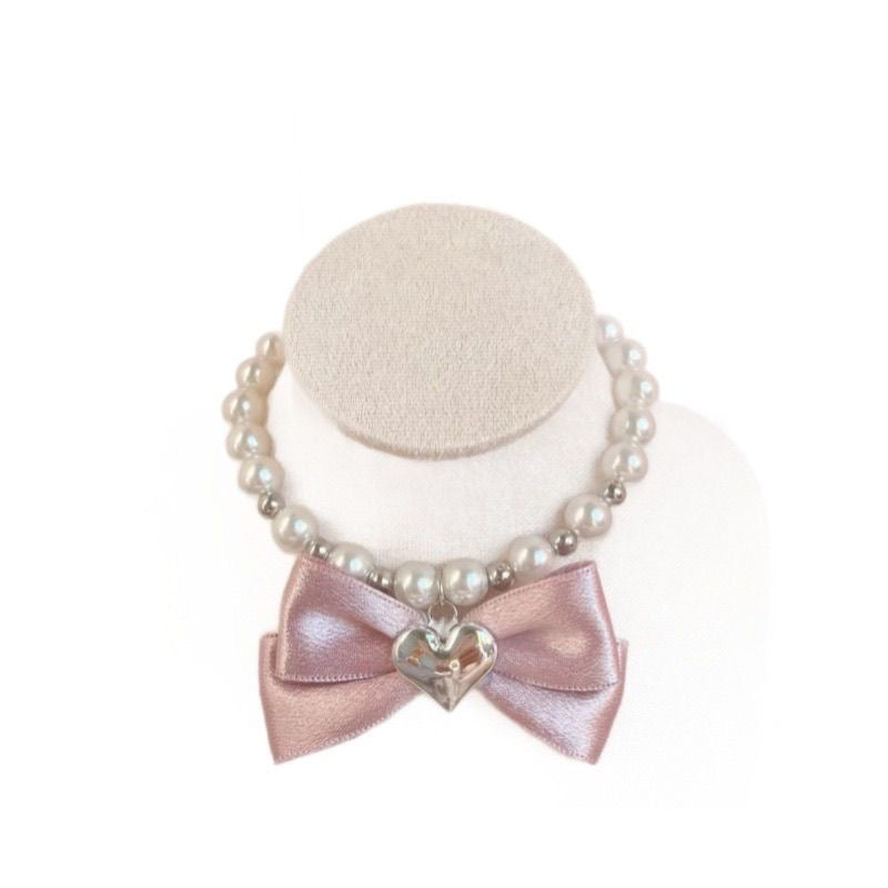 Dog Necklace with Pink Bow - Pearl Beads and Heart Charm Accessory for Dogs
