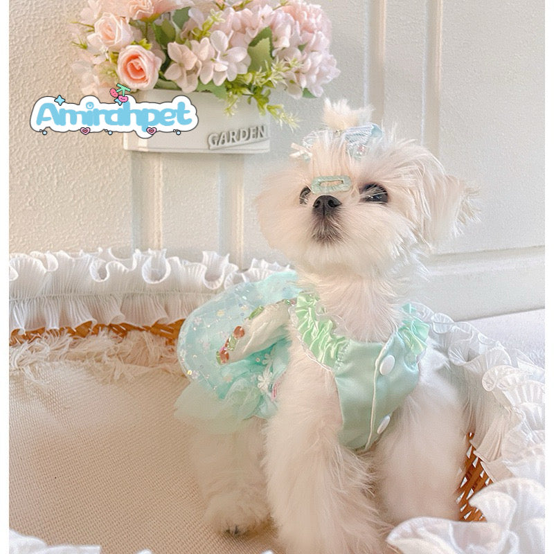 F002-Mint Green Sequin Dress for Summer Female Dog with Gems on Bow Elegant Ruffled Pet Outfit