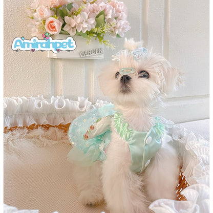 F002-Mint Green Sequin Dress for Summer Female Dog with Gems on Bow Elegant Ruffled Pet Outfit