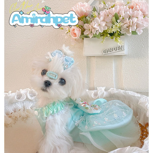Mint Green Sequin Dress for Summer Female Dog with Gems on Bow Elegant Ruffled Pet Outfit
