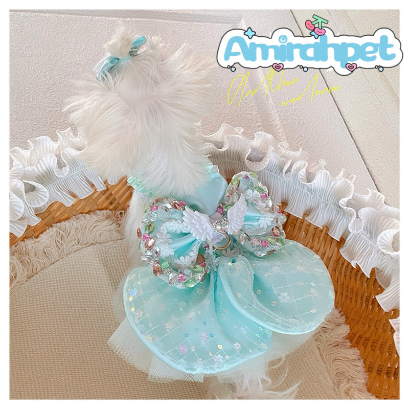 F002-Mint Green Sequin Dress for Summer Female Dog with Gems on Bow Elegant Ruffled Pet Outfit