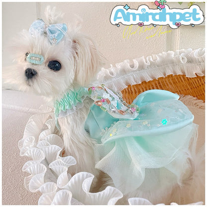 F002-Mint Green Sequin Dress for Summer Female Dog with Gems on Bow Elegant Ruffled Pet Outfit