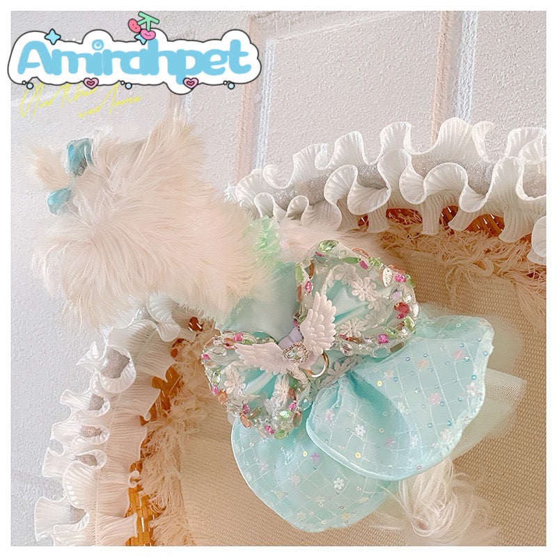 F002-Mint Green Sequin Dress for Summer Female Dog with Gems on Bow Elegant Ruffled Pet Outfit