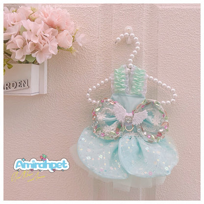 F002-Mint Green Sequin Dress for Summer Female Dog with Gems on Bow Elegant Ruffled Pet Outfit