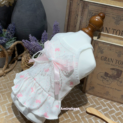 F007-White Cotton Shirt with Pink Bow Print for Small Dogs Bichon Maltese Poodle Summer Wear Comfortable & Stylish Design