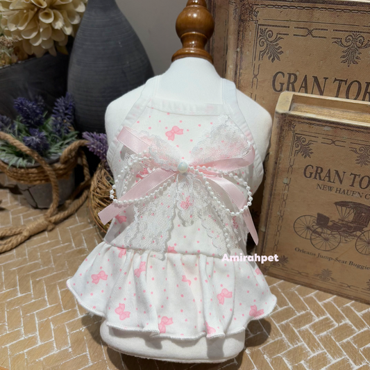 White Cotton Shirt with Pink Bow Print for Small Dogs Bichon Maltese Poodle Summer Wear Comfortable & Stylish Design