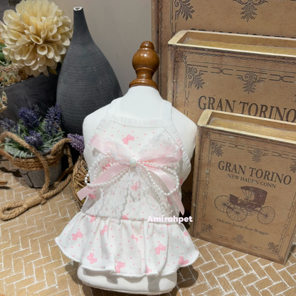 F007-White Cotton Shirt with Pink Bow Print for Small Dogs Bichon Maltese Poodle Summer Wear Comfortable & Stylish Design