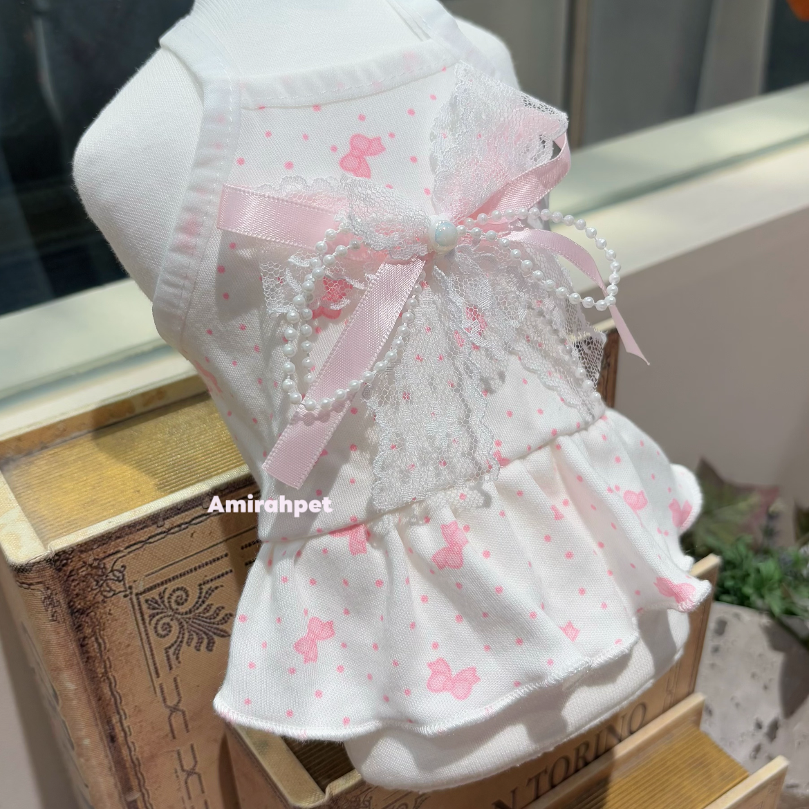White Cotton Shirt with Pink Bow Print for Small Dogs Bichon Maltese Poodle Summer Wear Comfortable & Stylish Design