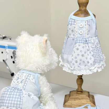 F011-Blue Gingham Pattern & Floral Print Shirt for Dogs & Cats Summer Wear with Lace Trim and Button Detailing