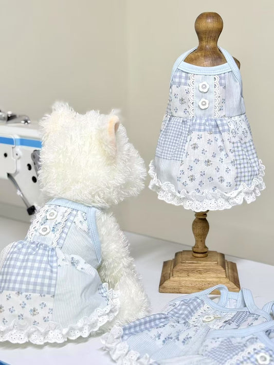 Blue Gingham Pattern & Floral Print Shirt for Dogs & Cats Summer Wear with Lace Trim and Button Detailing