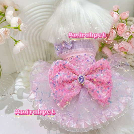 Pink Sequin Dress for Small Female Dogs Summer Breathable Outfit with Elastic Chest for Bichon Maltese Poodle Toy Breeds