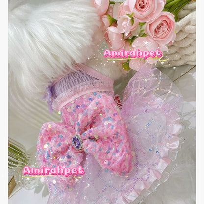 F012-Pink Sequin Dress for Small Female Dogs Summer Breathable Outfit with Elastic Chest for Bichon Maltese Poodle Toy Breeds