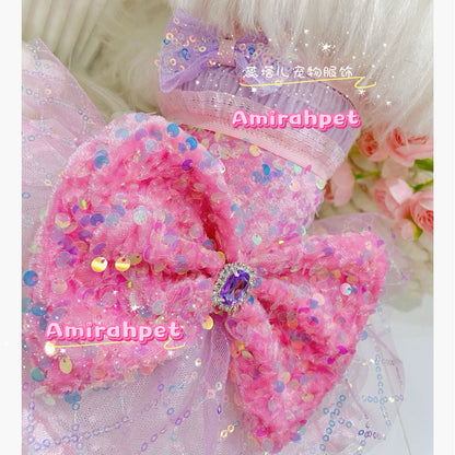 F012-Pink Sequin Dress for Small Female Dogs Summer Breathable Outfit with Elastic Chest for Bichon Maltese Poodle Toy Breeds