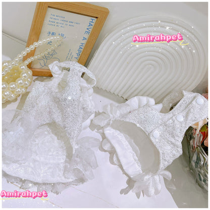 F017-White Sequin Dress Summer Wear for Small Dog Fancy Dress for Poodle Maltese with Pearl Accents and Lace Trim