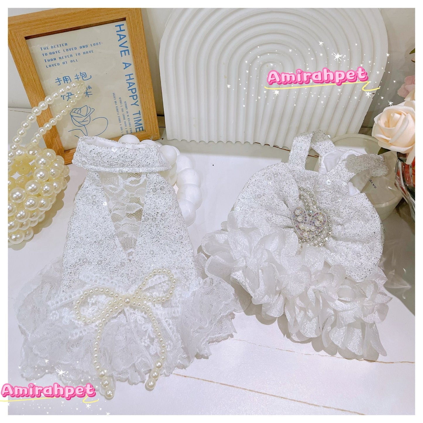 F017-White Sequin Dress Summer Wear for Small Dog Fancy Dress for Poodle Maltese with Pearl Accents and Lace Trim