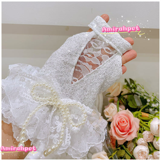 F017-White Sequin Dress Summer Wear for Small Dog Fancy Dress for Poodle Maltese with Pearl Accents and Lace Trim