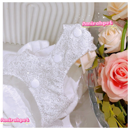 F017-White Sequin Dress Summer Wear for Small Dog Fancy Dress for Poodle Maltese with Pearl Accents and Lace Trim