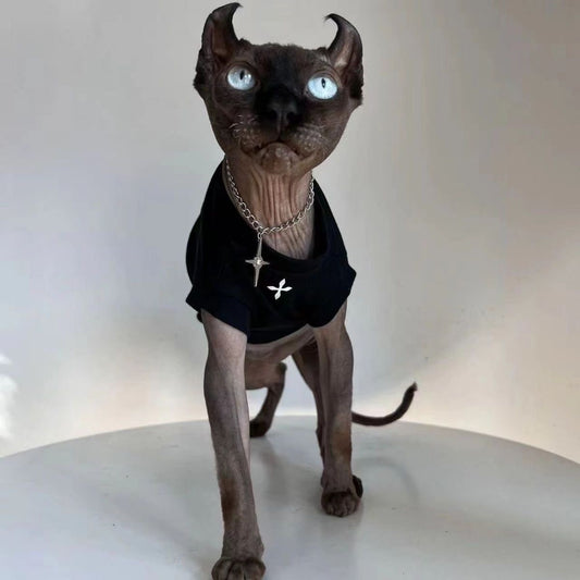 C004-Cool Black Shirt for Cats with Cross Print Summer Wear for Devon Rex and Sphynx Pets Stylish Fashionable Design