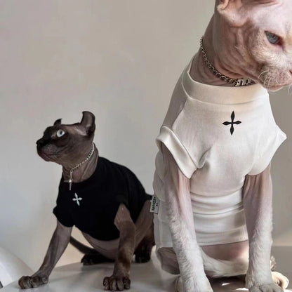 C004-Cool Black Shirt for Cats with Cross Print Summer Wear for Devon Rex and Sphynx Pets Stylish Fashionable Design