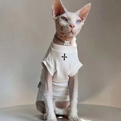 C004-Cool Black Shirt for Cats with Cross Print Summer Wear for Devon Rex and Sphynx Pets Stylish Fashionable Design