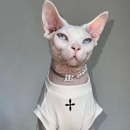 C004-Cool Black Shirt for Cats with Cross Print Summer Wear for Devon Rex and Sphynx Pets Stylish Fashionable Design