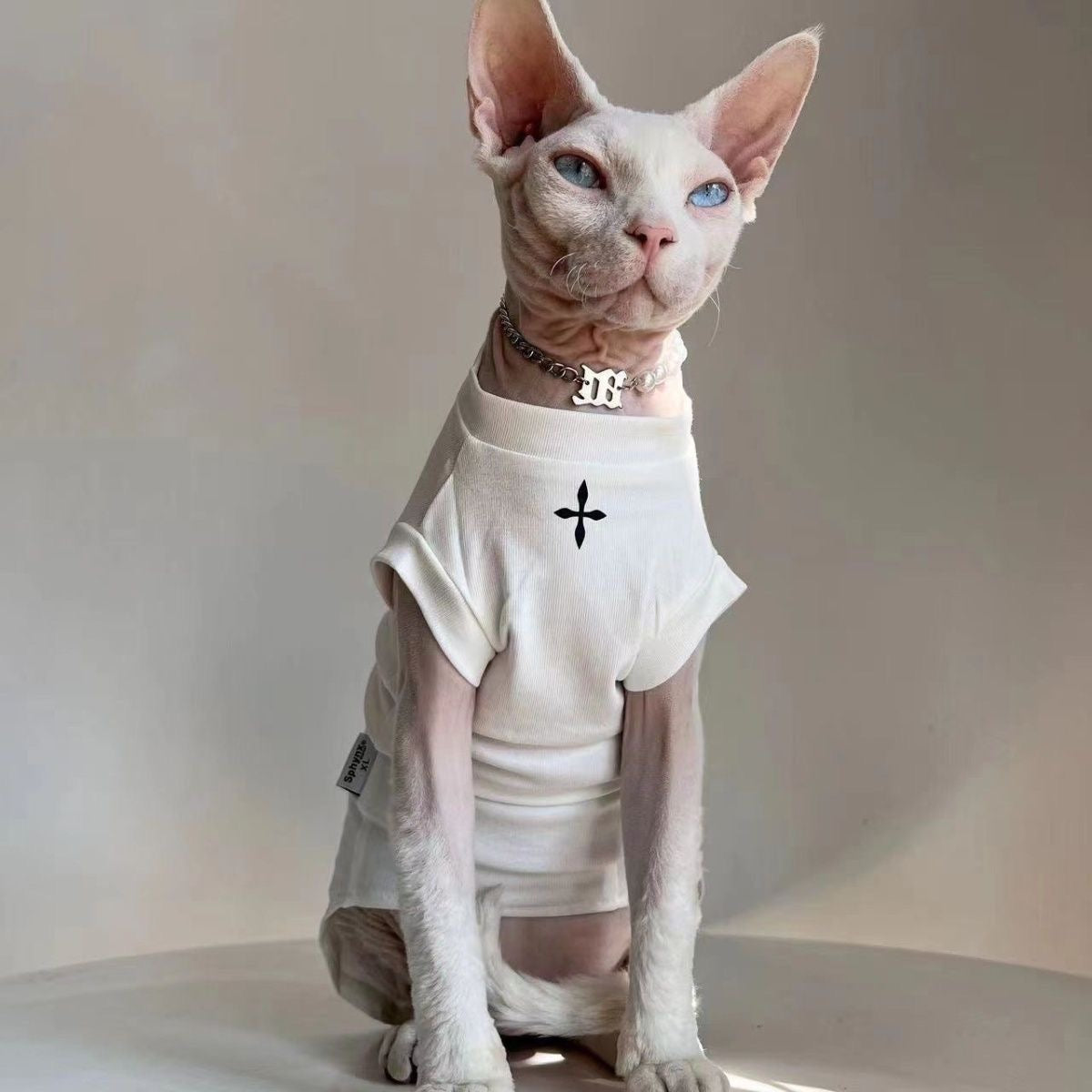 C004-Cool Black Shirt for Cats with Cross Print Summer Wear for Devon Rex and Sphynx Pets Stylish Fashionable Design