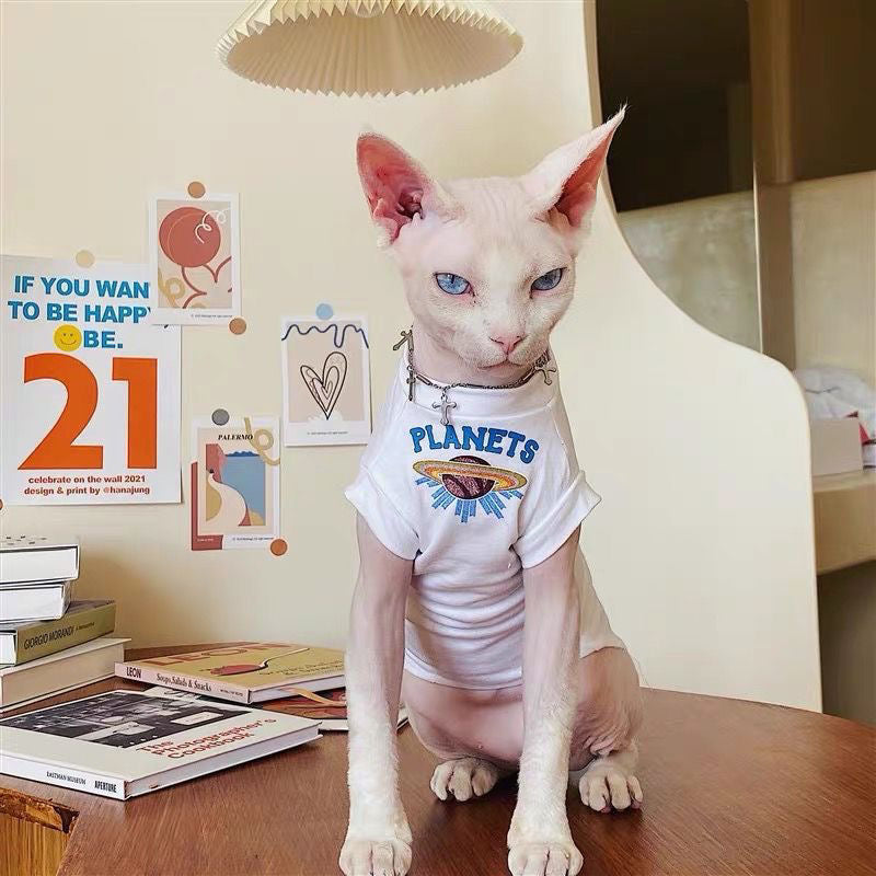 C005-Breathable Summer Wear for Cats with Letters on It Devon Rex and Sphinx Cat White T-Shirt Featuring Planets Design