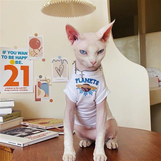 C005-Breathable Summer Wear for Cats with Letters on It Devon Rex and Sphinx Cat White T-Shirt Featuring Planets Design