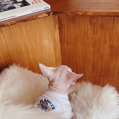 C005-Breathable Summer Wear for Cats with Letters on It Devon Rex and Sphinx Cat White T-Shirt Featuring Planets Design