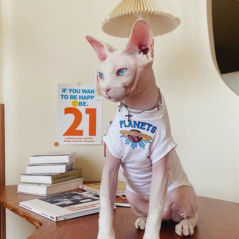 C005-Breathable Summer Wear for Cats with Letters on It Devon Rex and Sphinx Cat White T-Shirt Featuring Planets Design