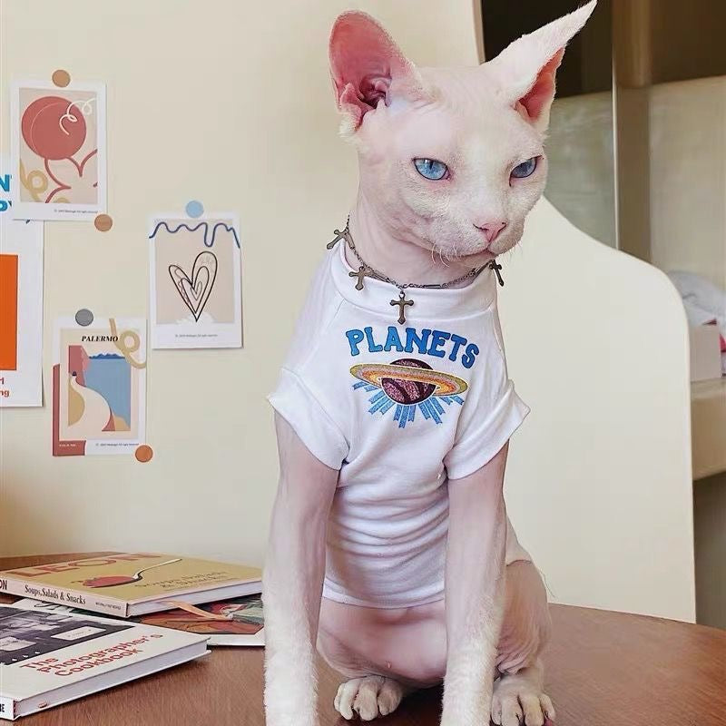 C005-Breathable Summer Wear for Cats with Letters on It Devon Rex and Sphinx Cat White T-Shirt Featuring Planets Design