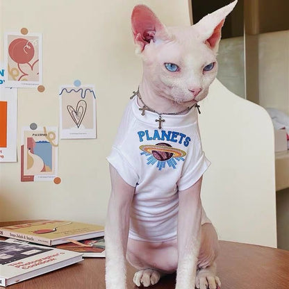 C005-Breathable Summer Wear for Cats with Letters on It Devon Rex and Sphinx Cat White T-Shirt Featuring Planets Design