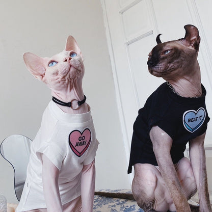 C006-Comfy Summer Shirt for Cats Matching Color Couple Wear for Devon Rex and Sphinx Cat with "Go Away" & "Beat It" Designs