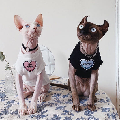 C006-Comfy Summer Shirt for Cats Matching Color Couple Wear for Devon Rex and Sphinx Cat with "Go Away" & "Beat It" Designs