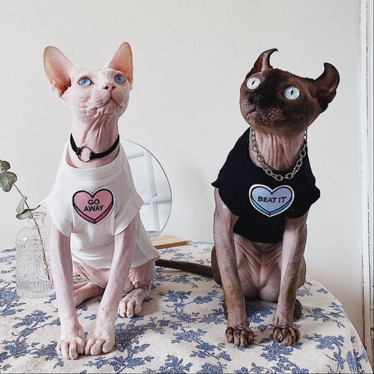 C006-Comfy Summer Shirt for Cats Matching Color Couple Wear for Devon Rex and Sphinx Cat with "Go Away" & "Beat It" Designs