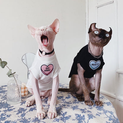 C006-Comfy Summer Shirt for Cats Matching Color Couple Wear for Devon Rex and Sphinx Cat with "Go Away" & "Beat It" Designs