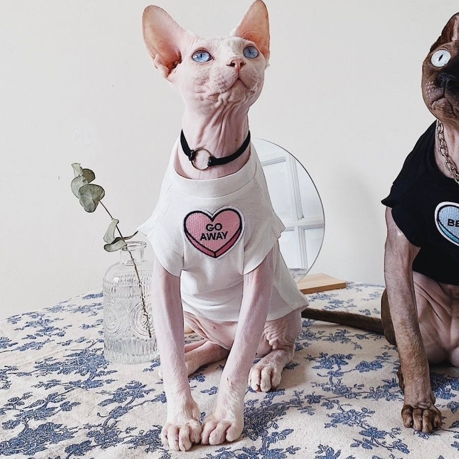 C006-Comfy Summer Shirt for Cats Matching Color Couple Wear for Devon Rex and Sphinx Cat with "Go Away" & "Beat It" Designs