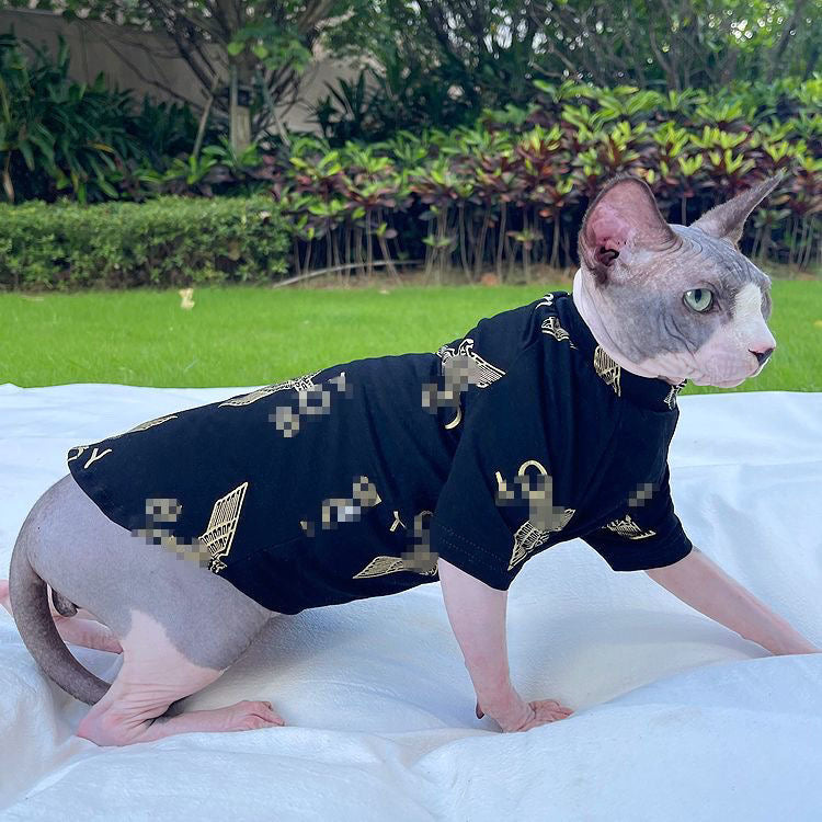 C007-Black T-Shirt for Cats Summer Wear Comfy Shirt for Devon Rex & Sphinx Cats with Gold Print  Design