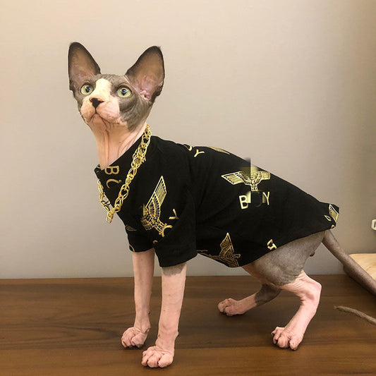 C007-Black T-Shirt for Cats Summer Wear Comfy Shirt for Devon Rex & Sphinx Cats with Gold Print  Design