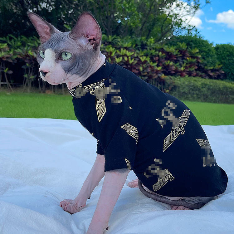 C007-Black T-Shirt for Cats Summer Wear Comfy Shirt for Devon Rex & Sphinx Cats with Gold Print  Design